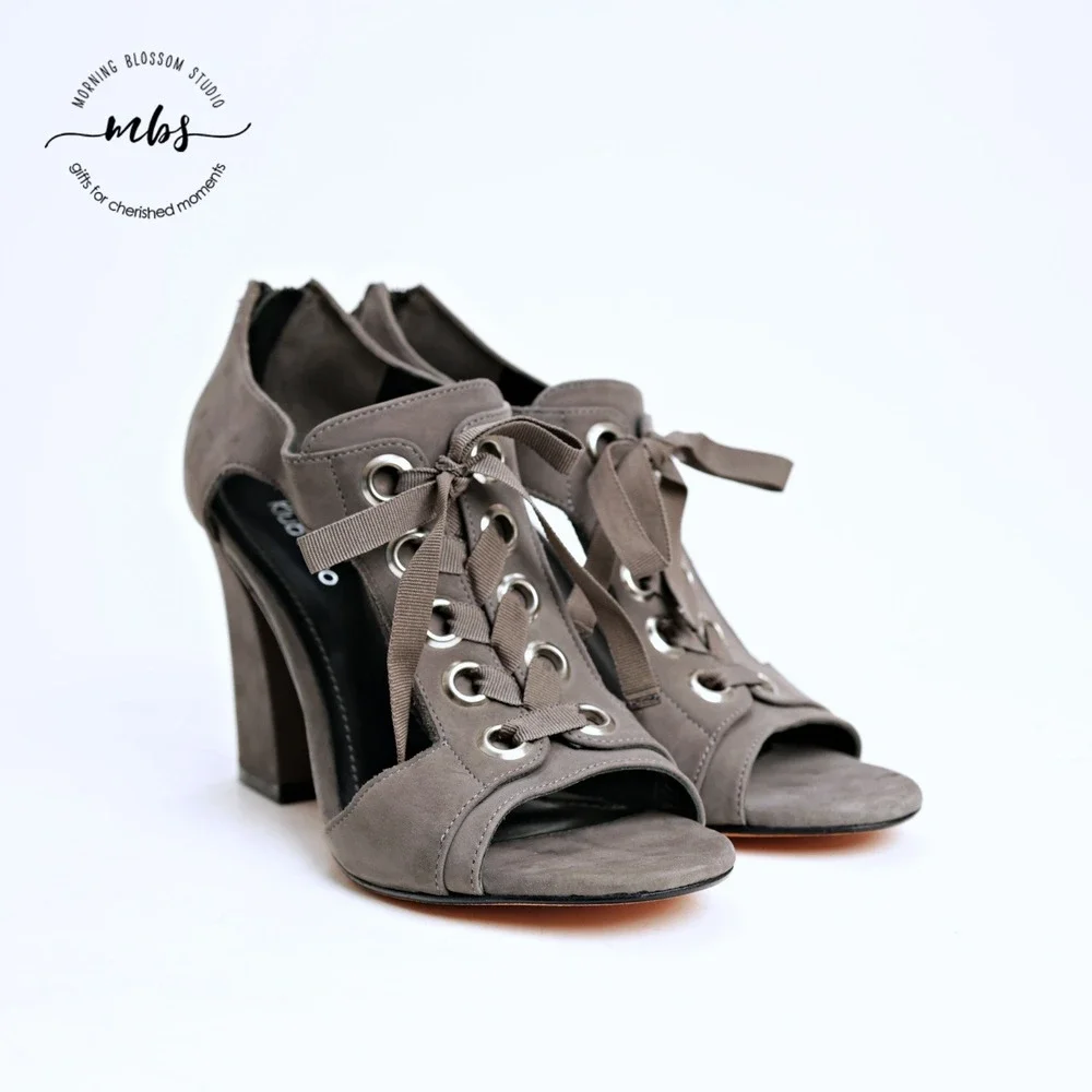 Klub Nico Tinka‎ Open Casual Chic Suede Block Lace-Up Heeled Sandals Grey 7